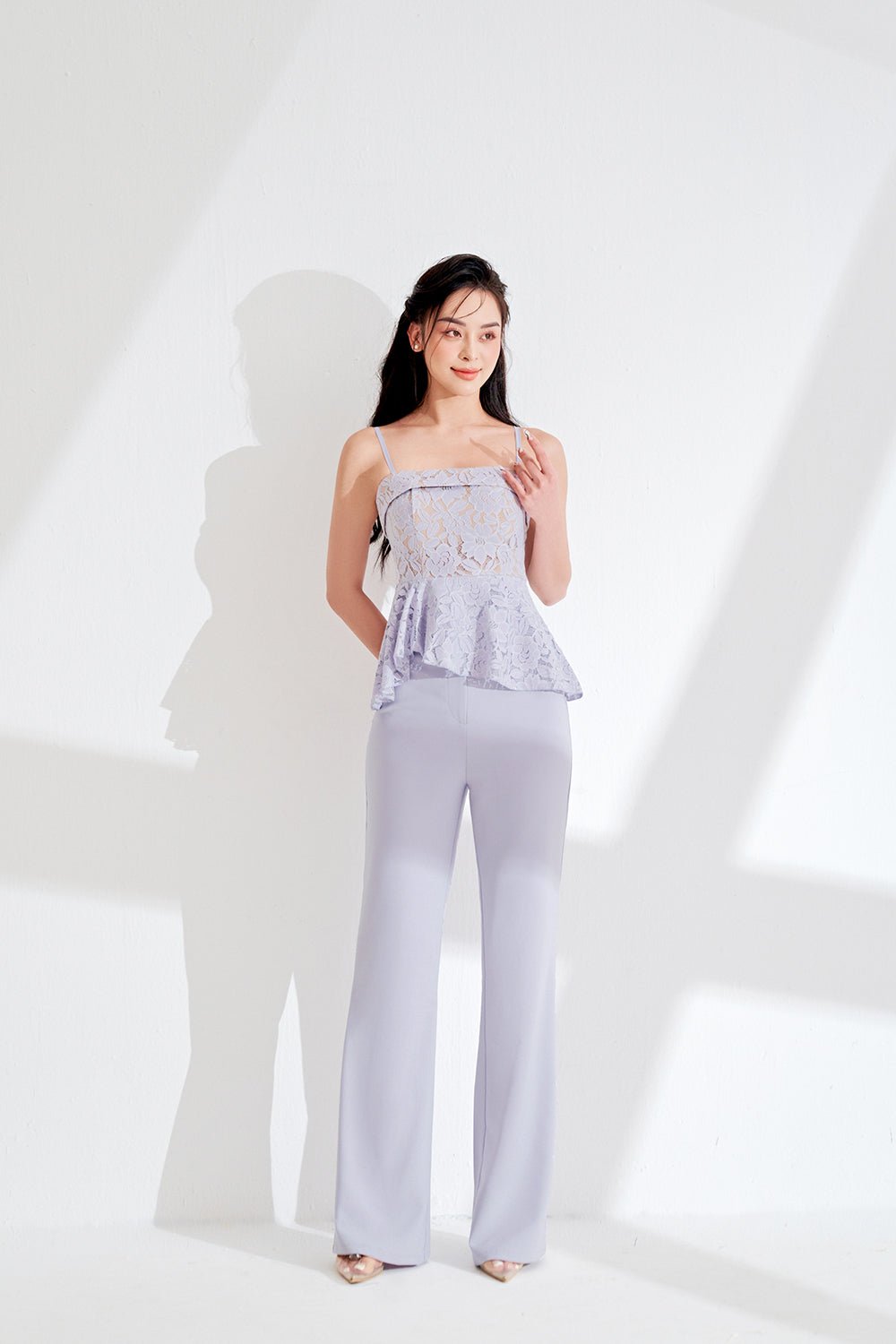 Esm&eacute; Laced Peplum Top in Greyish Blue