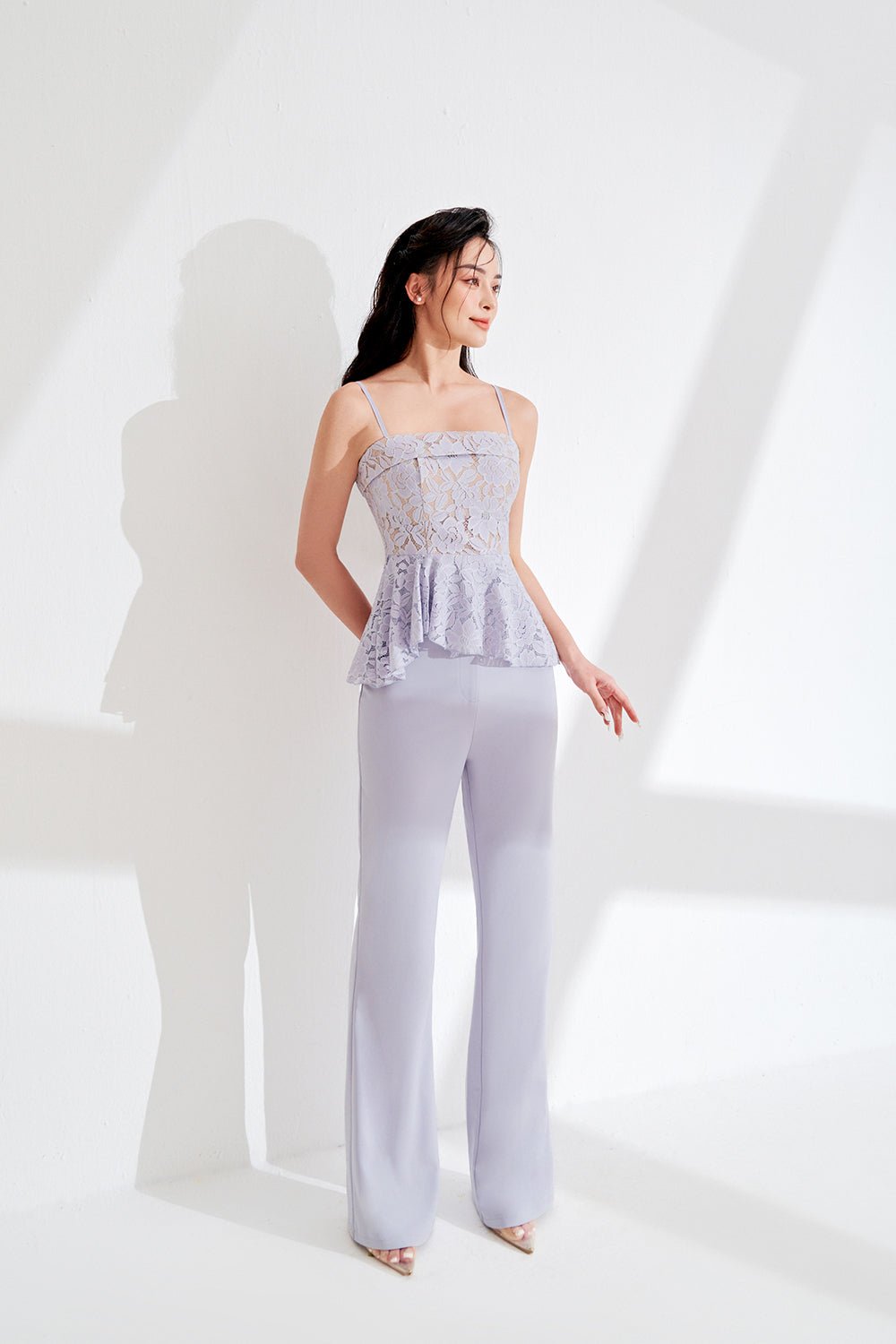 Esm&eacute; Laced Peplum Top in Greyish Blue