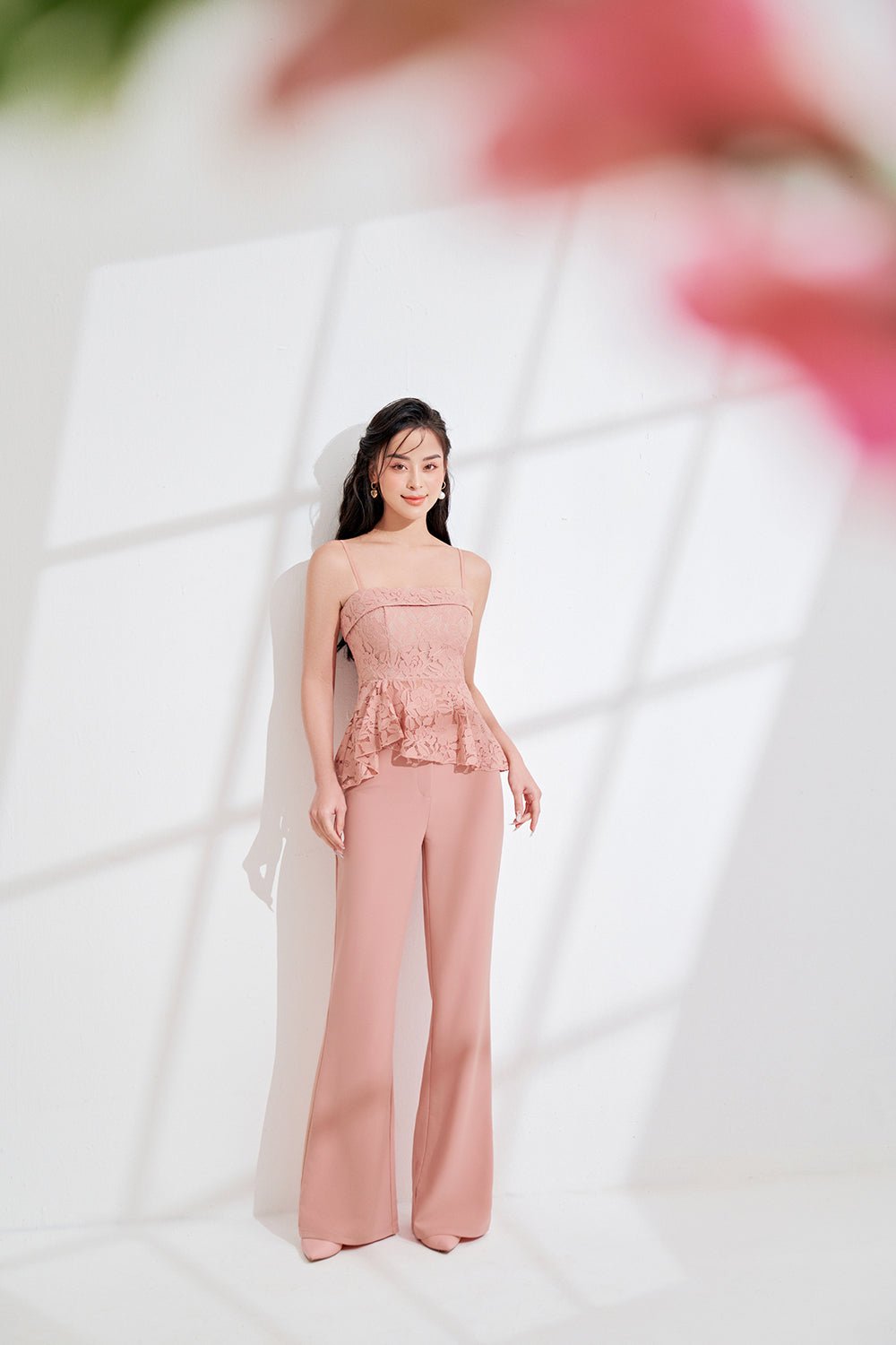 Esm&eacute; Laced Peplum Top in Nude Pink