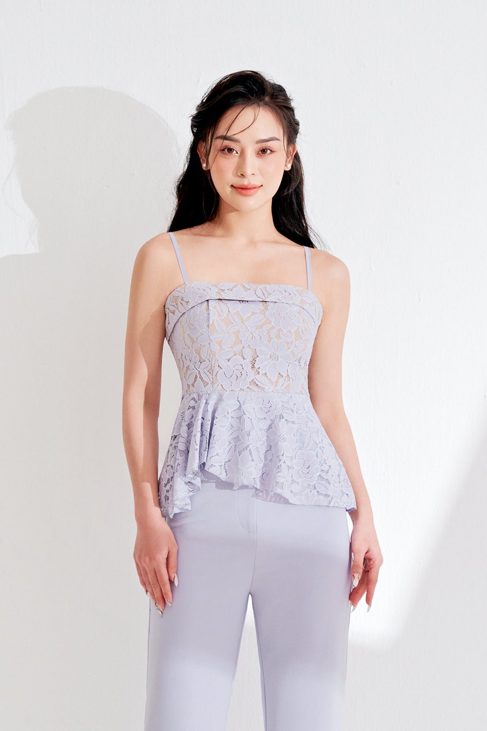 Esm&eacute; Laced Peplum Top in Greyish Blue