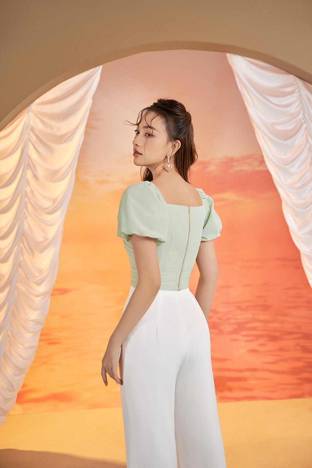 Etana Puff Shoulders Cut Out Top in Light Mint