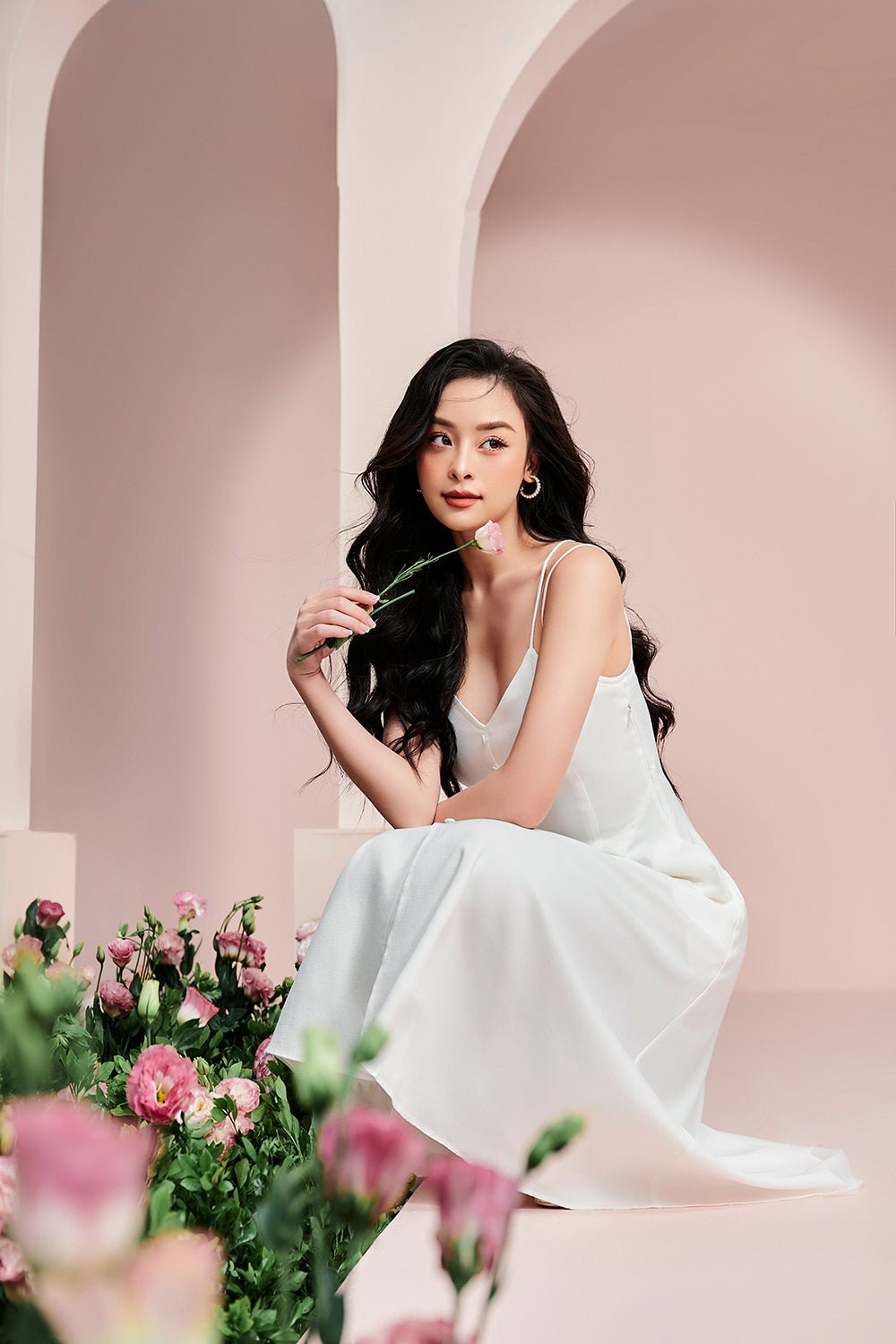 Freesia Duo Straps Midi Dress in Iconic White