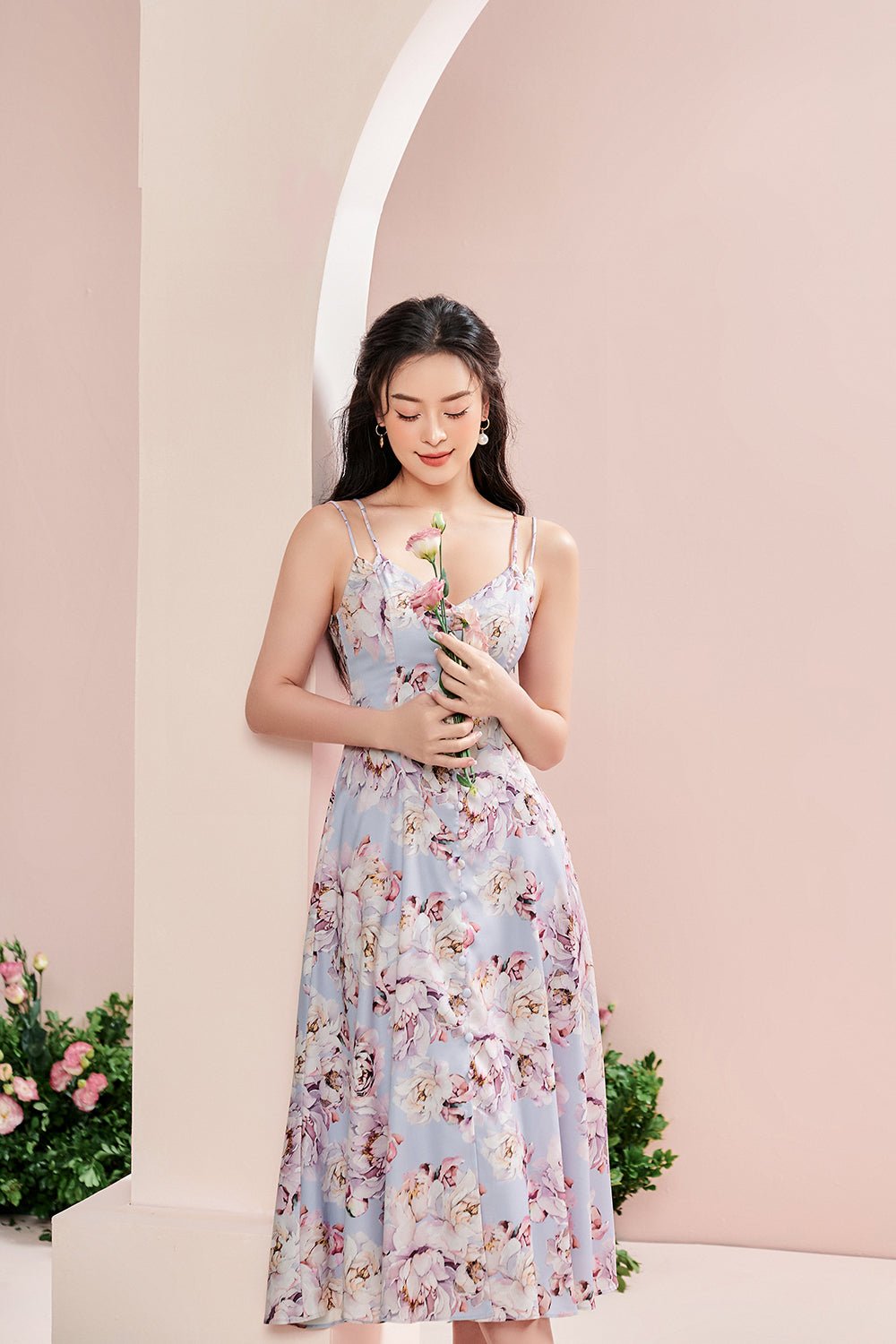 Freesia Duo Straps Midi Dress in Peony/Dusty Blue