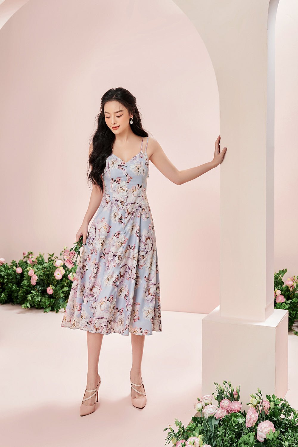 Freesia Duo Straps Midi Dress in Peony/Dusty Blue