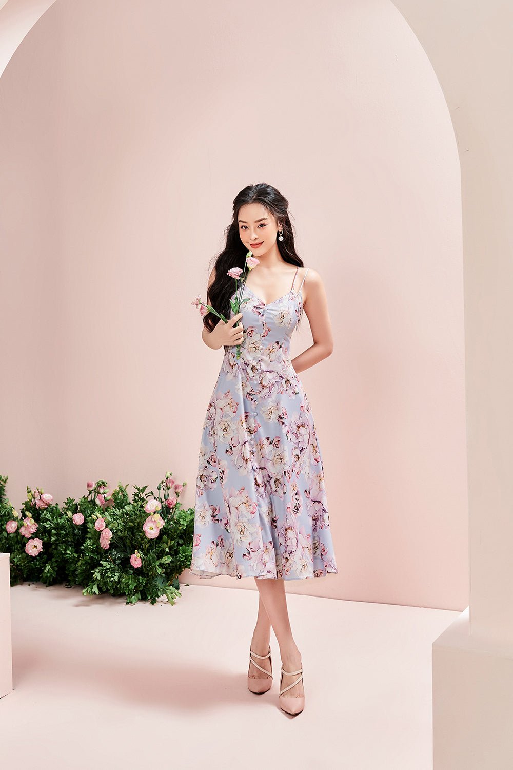 Freesia Duo Straps Midi Dress in Peony/Dusty Blue