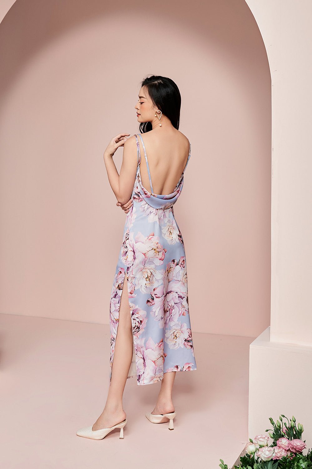 Gemma Draped Back Padded Dress in Peony/Nude Blush