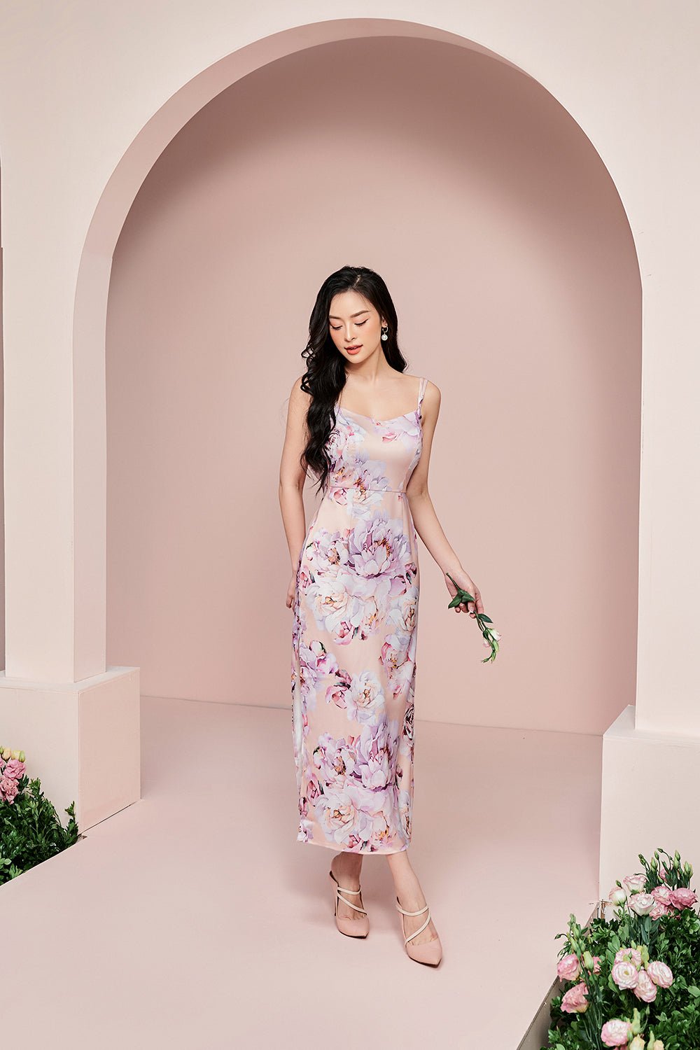 Gemma Draped Back Padded Dress in Peony/Nude Blush