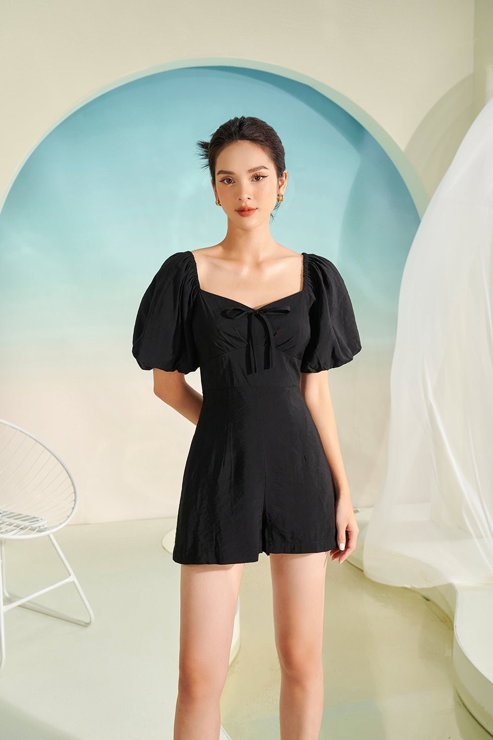 Gillian Billowy Sleeves Ribbon Playsuit in Iconic White