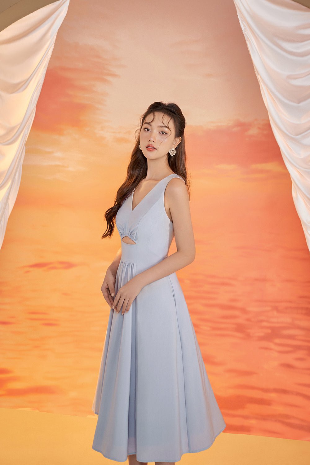 Grace Kelly Fit & Flare Padded Cut Out Dress in Heather Blue