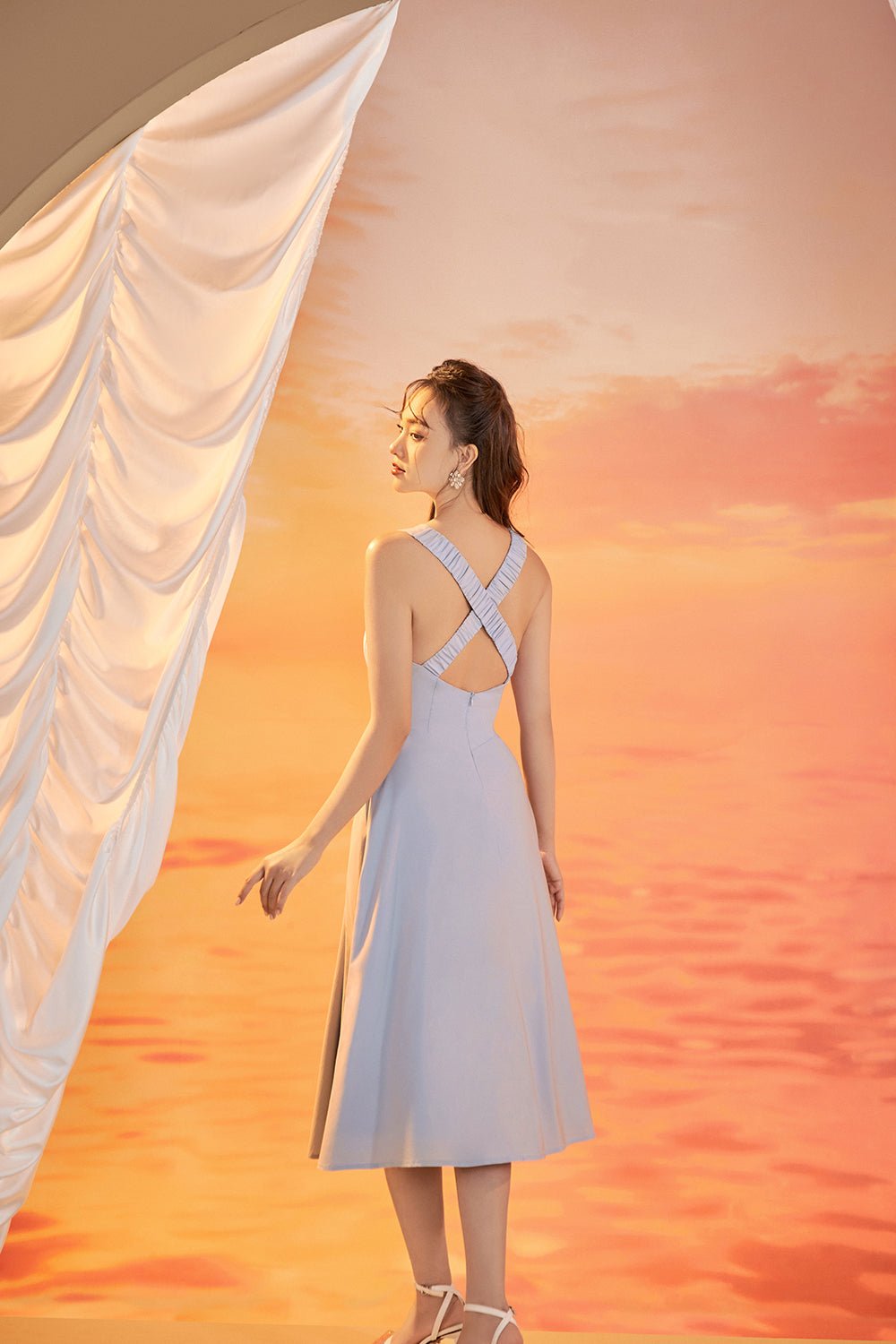 Grace Kelly Fit & Flare Padded Cut Out Dress in Heather Blue