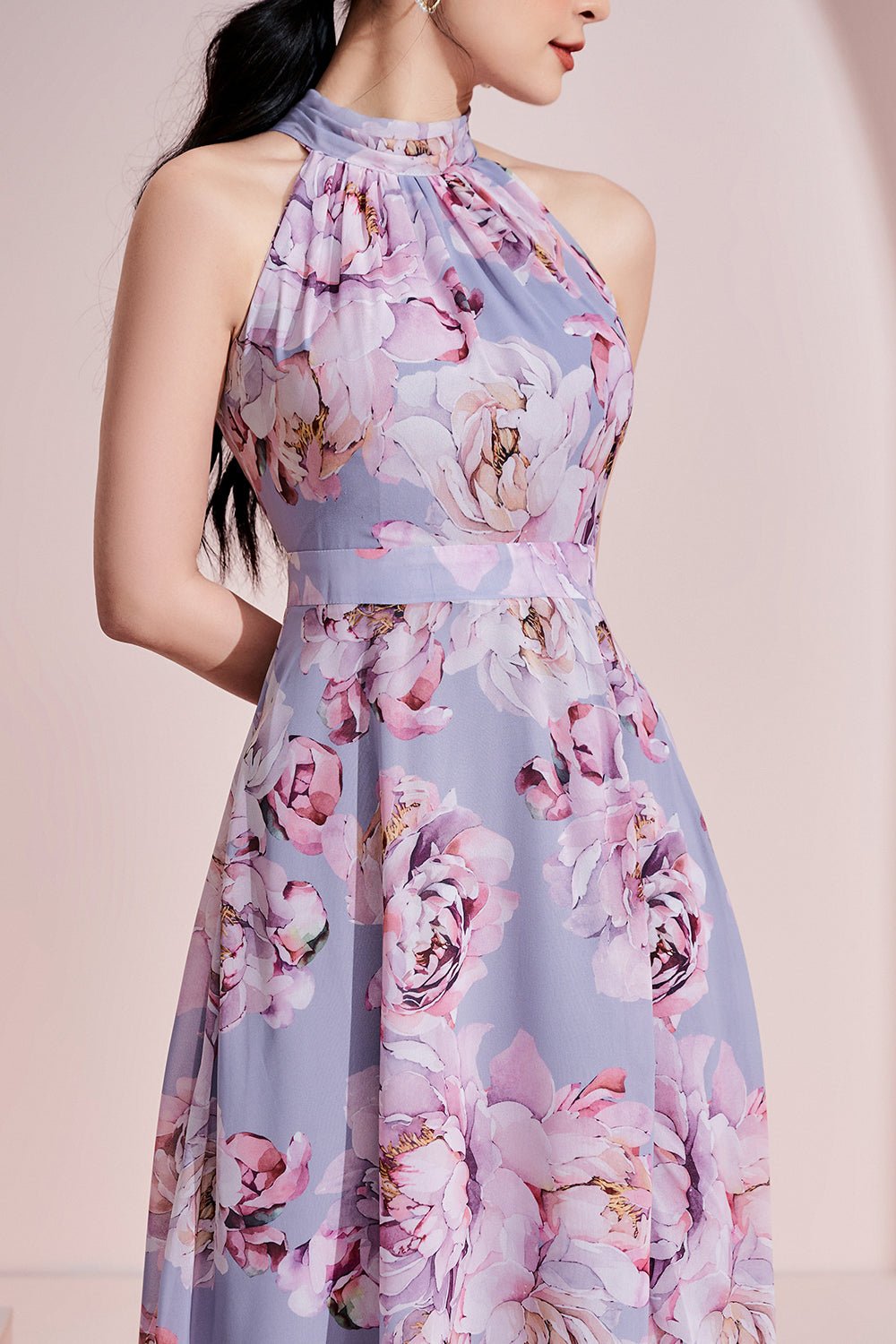 Gwenyth Tie-Back Halter Padded Maxi Dress in Peony/Dusty Blue