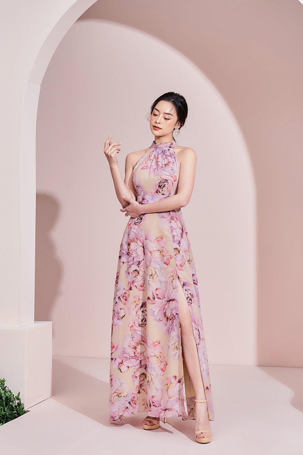 Gwenyth Tie-Back Halter Padded Maxi Dress in Peony/Nude Blush