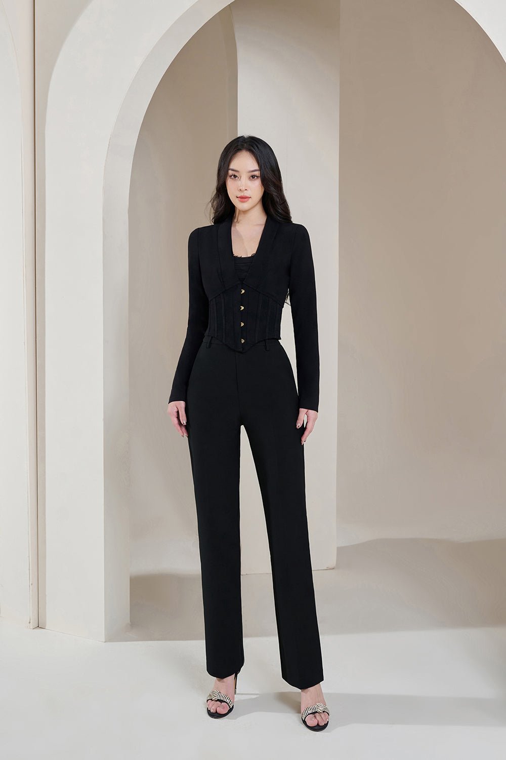 Elle Corset Crop Lapel Blazer in Classic Black