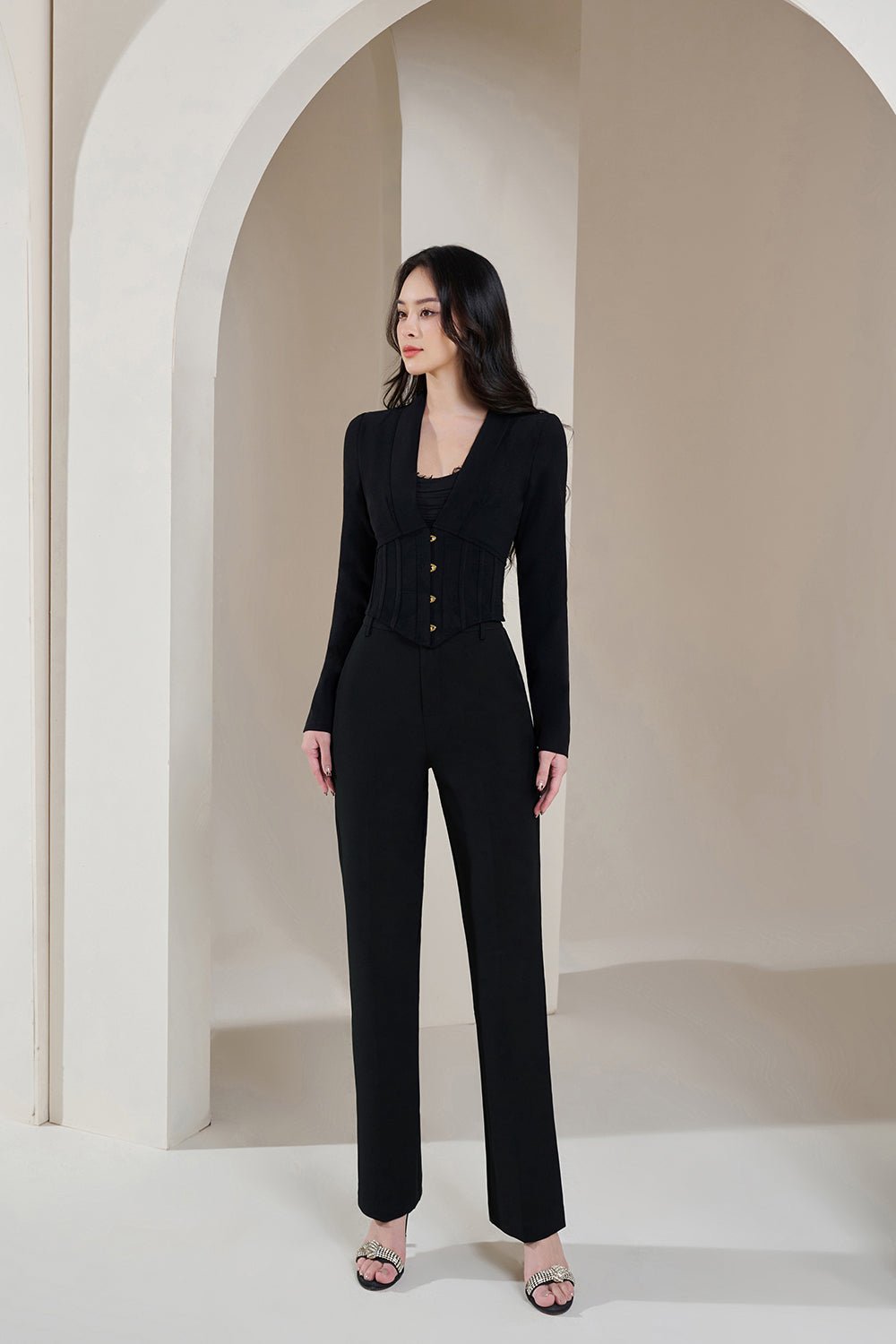 Elle Corset Crop Lapel Blazer in Classic Black