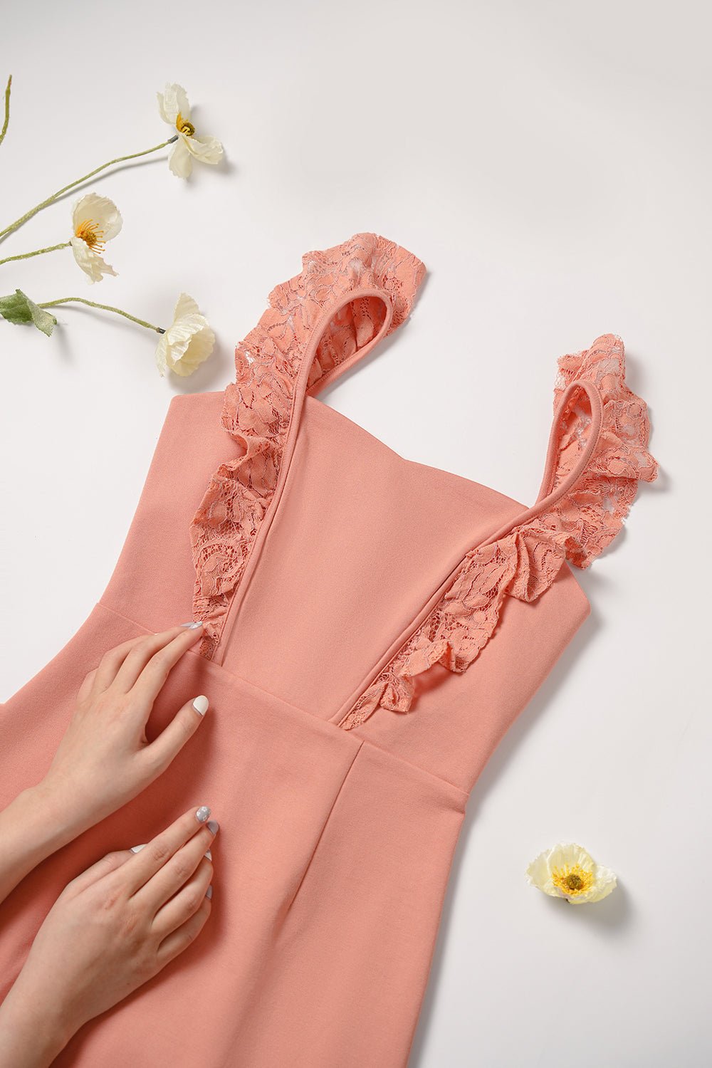 Clementine Lace Frills Fitted Dress in Cream Beige