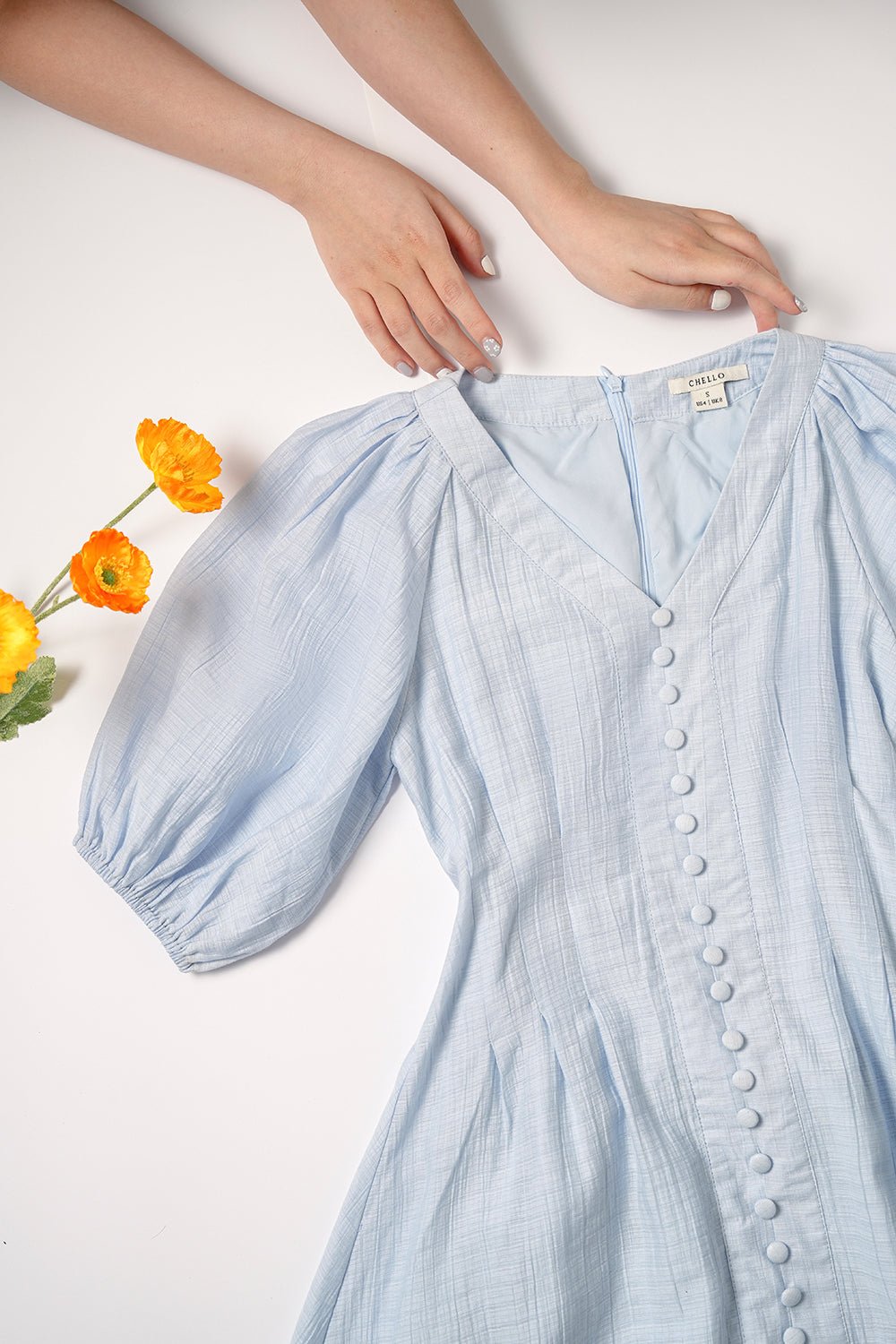 Nori Puffy Sleeved Fit & Flare Dress in Cloud Blue