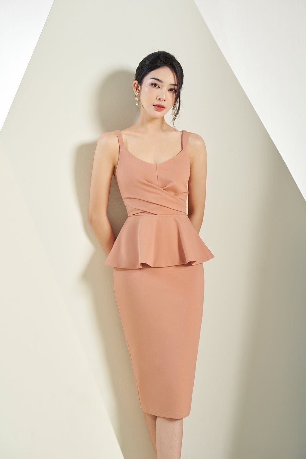 Ines Fitted Peplum Midi Dress in Nude Rose