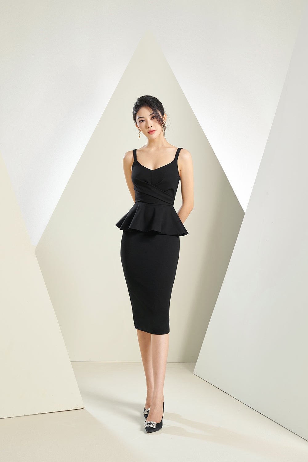 Ines Fitted Peplum Midi Dress in Classic Black
