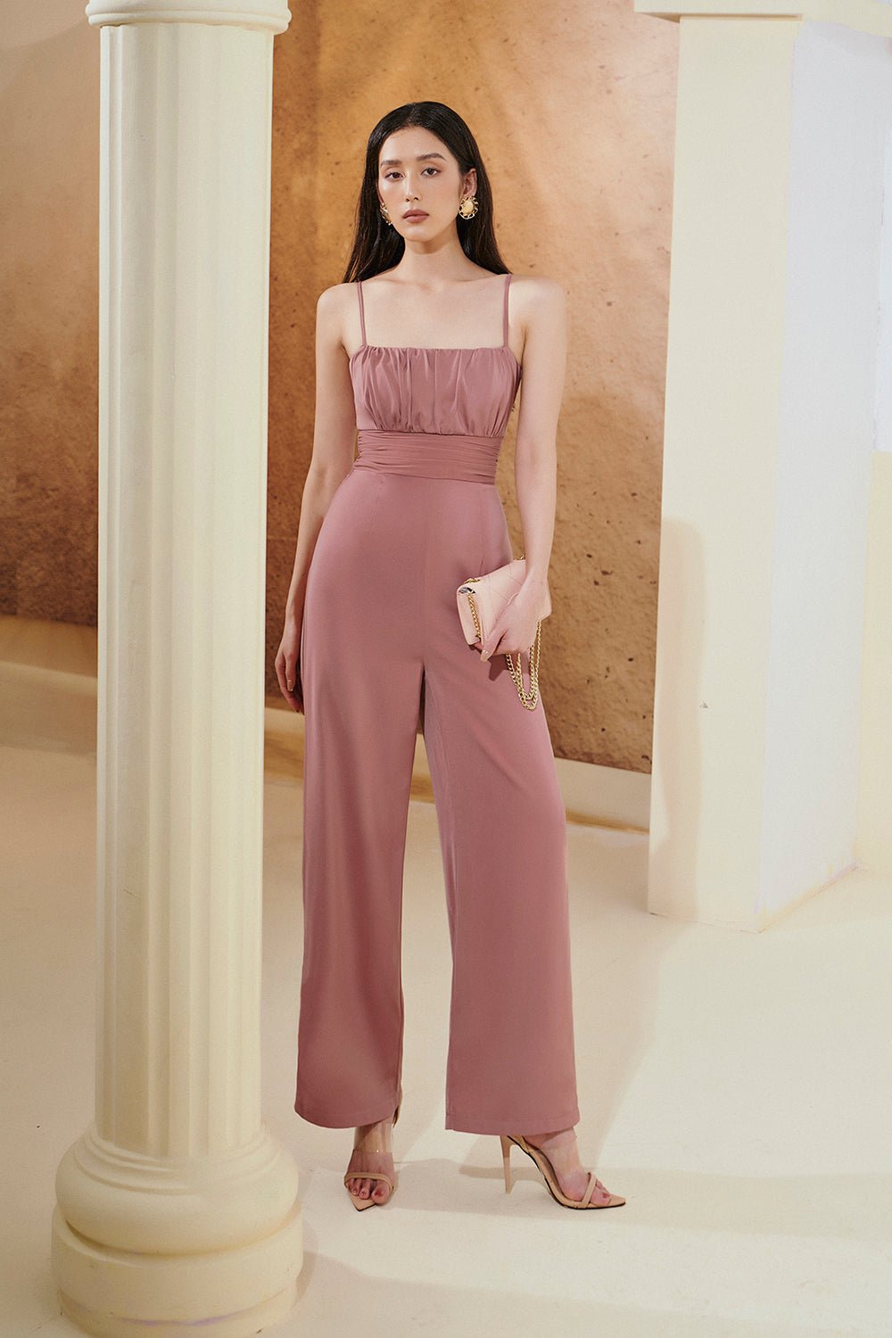 Ivanna Ruched Bustier Jumpsuit in Dark Rose
