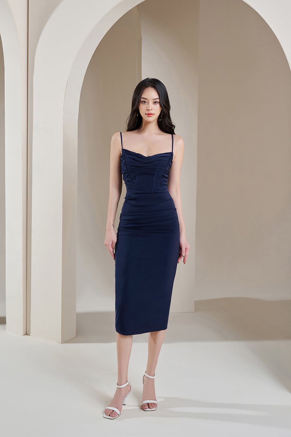 Jennie Cowl Neck Corset Detail Dress in Midnight Blue