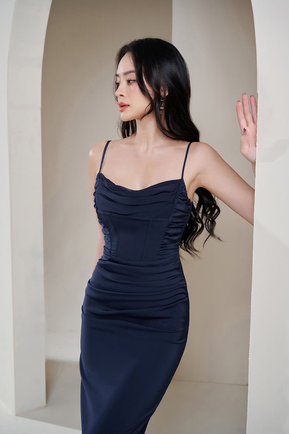 Jennie Cowl Neck Corset Detail Dress in Midnight Blue