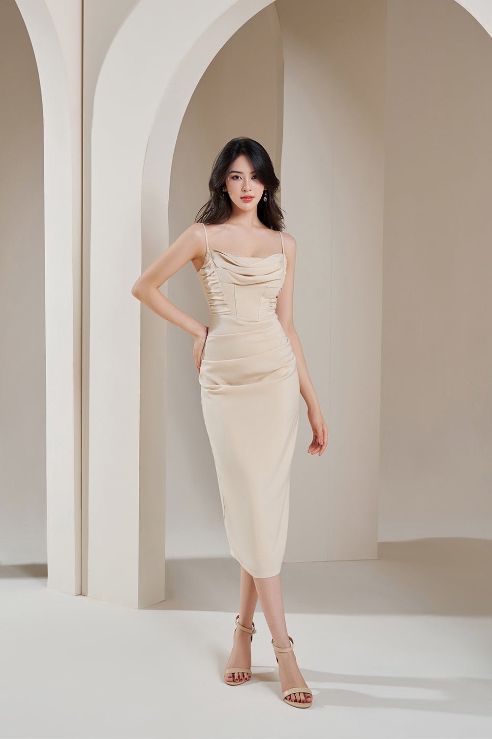 Jennie Cowl Neck Corset Detail Dress in Light Champagne
