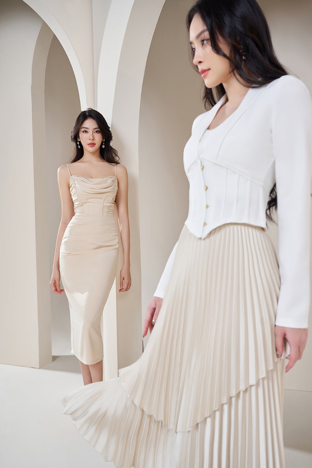 Jennie Cowl Neck Corset Detail Dress in Light Champagne