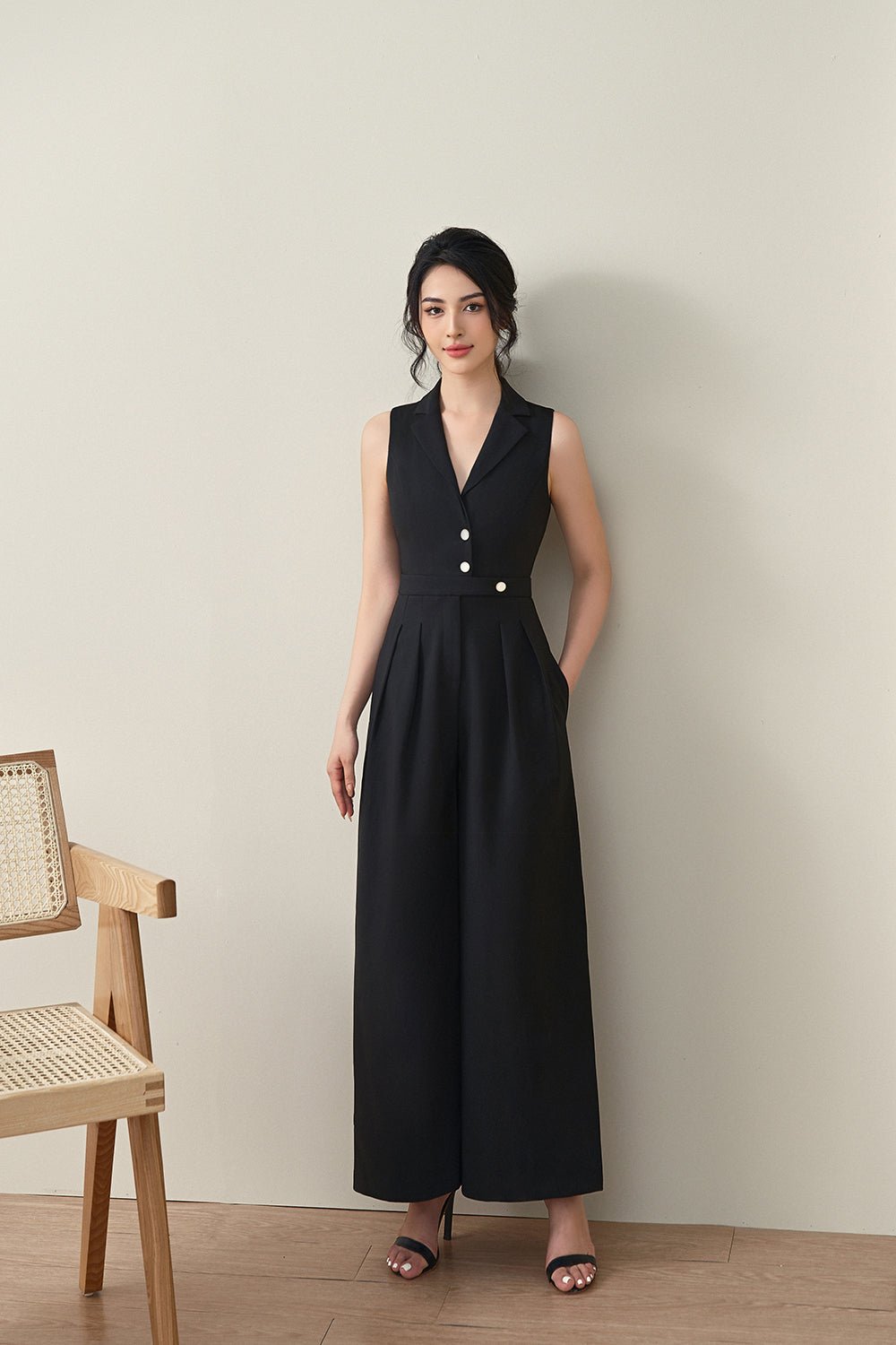 Kendra Vest Shell Buttoned Jumpsuit in Classic Black