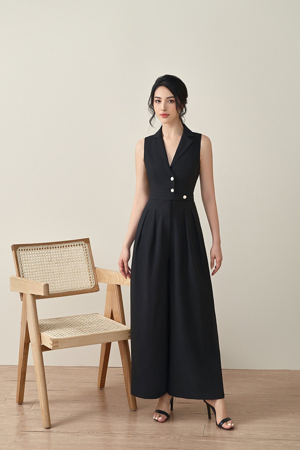 Kendra Vest Shell Buttoned Jumpsuit in Classic Black