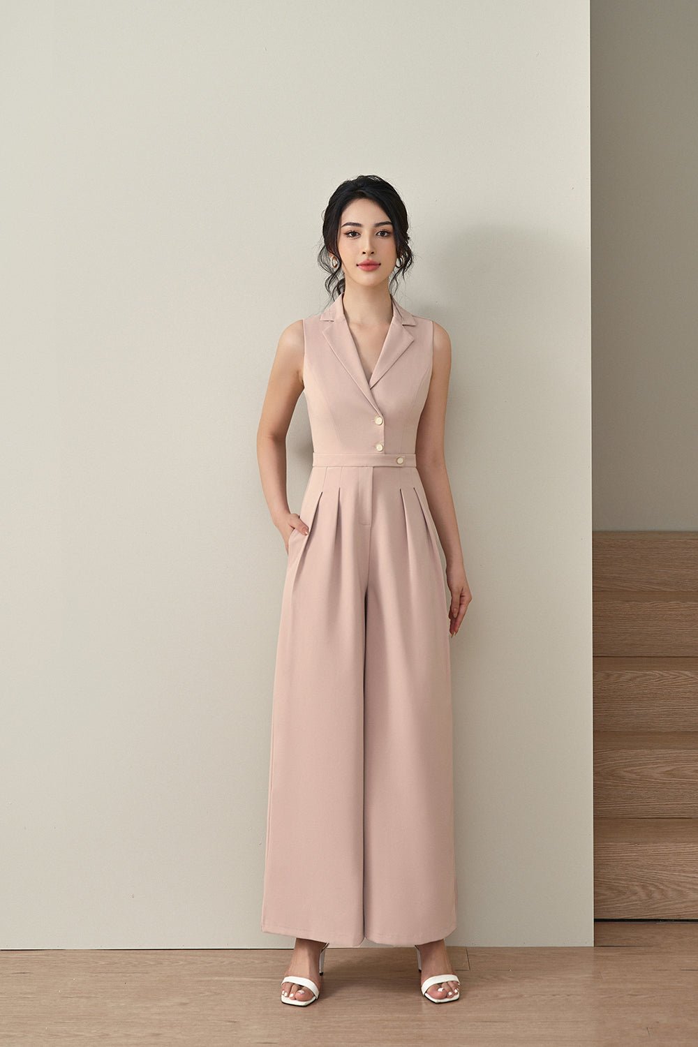 Kendra Vest Shell Buttoned Jumpsuit in Nude Rose