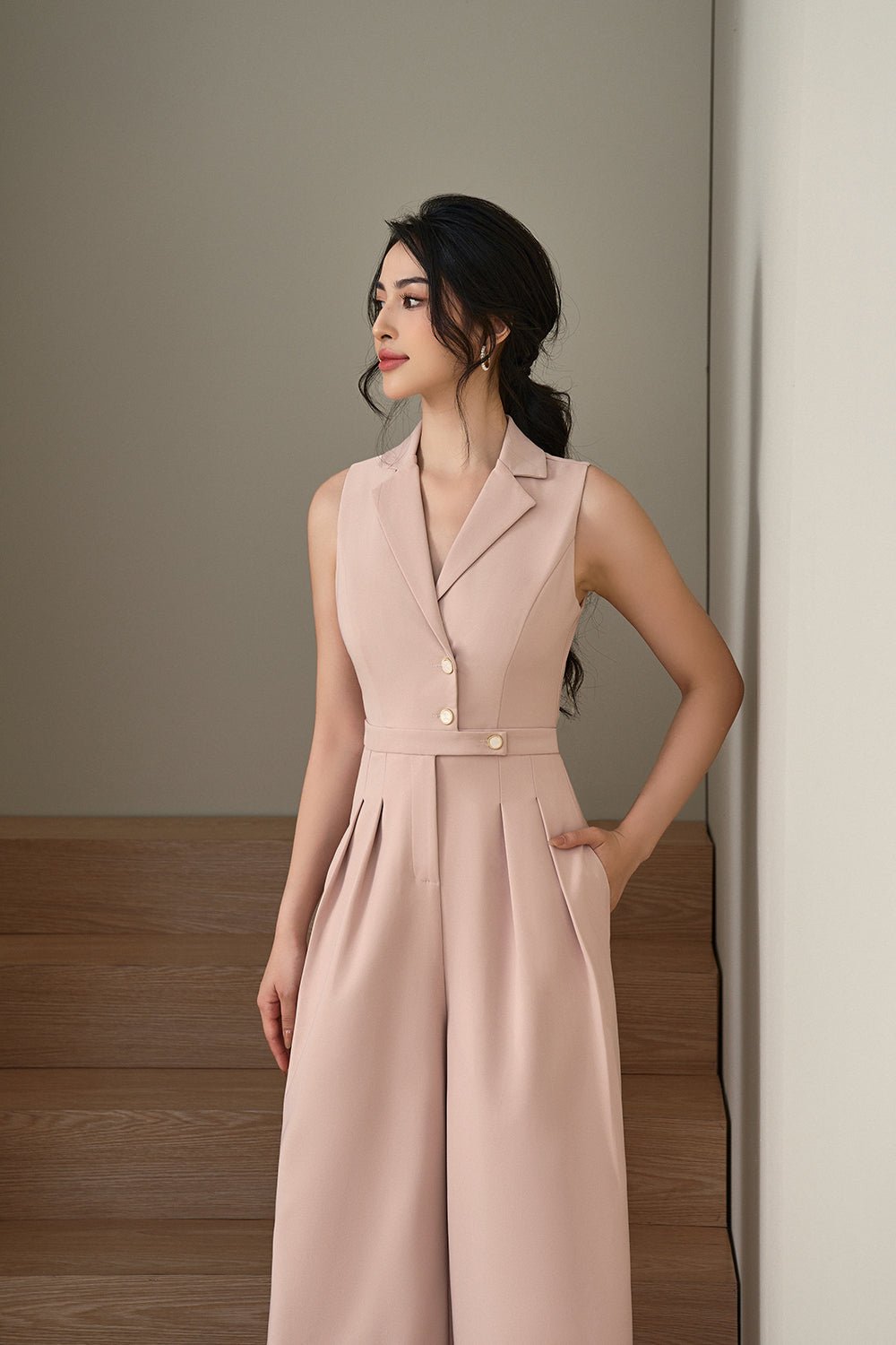 Kendra Vest Shell Buttoned Jumpsuit in Nude Rose