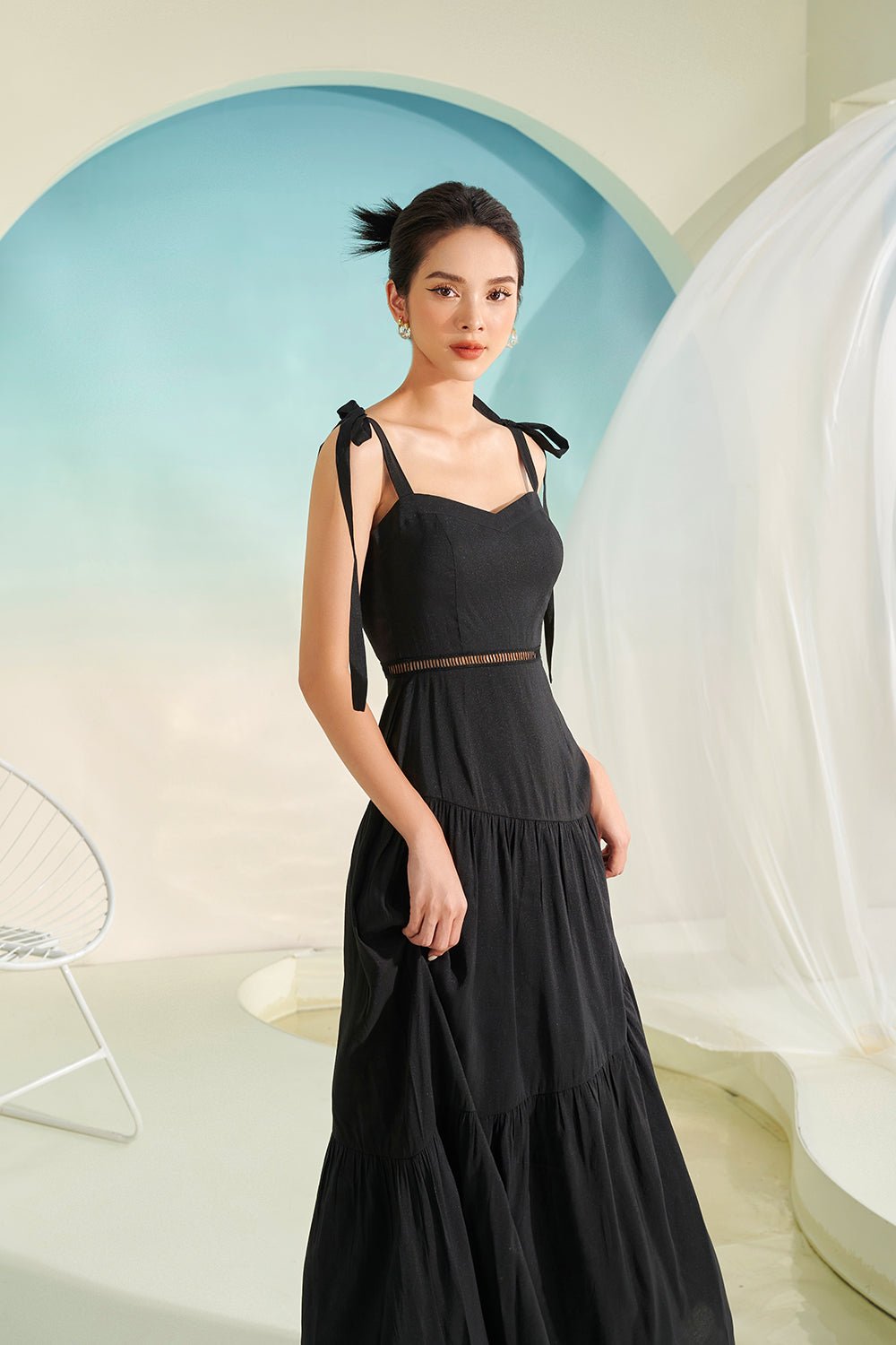 Kirsten Padded Ribbon Maxi Sun Dress in Classic Black