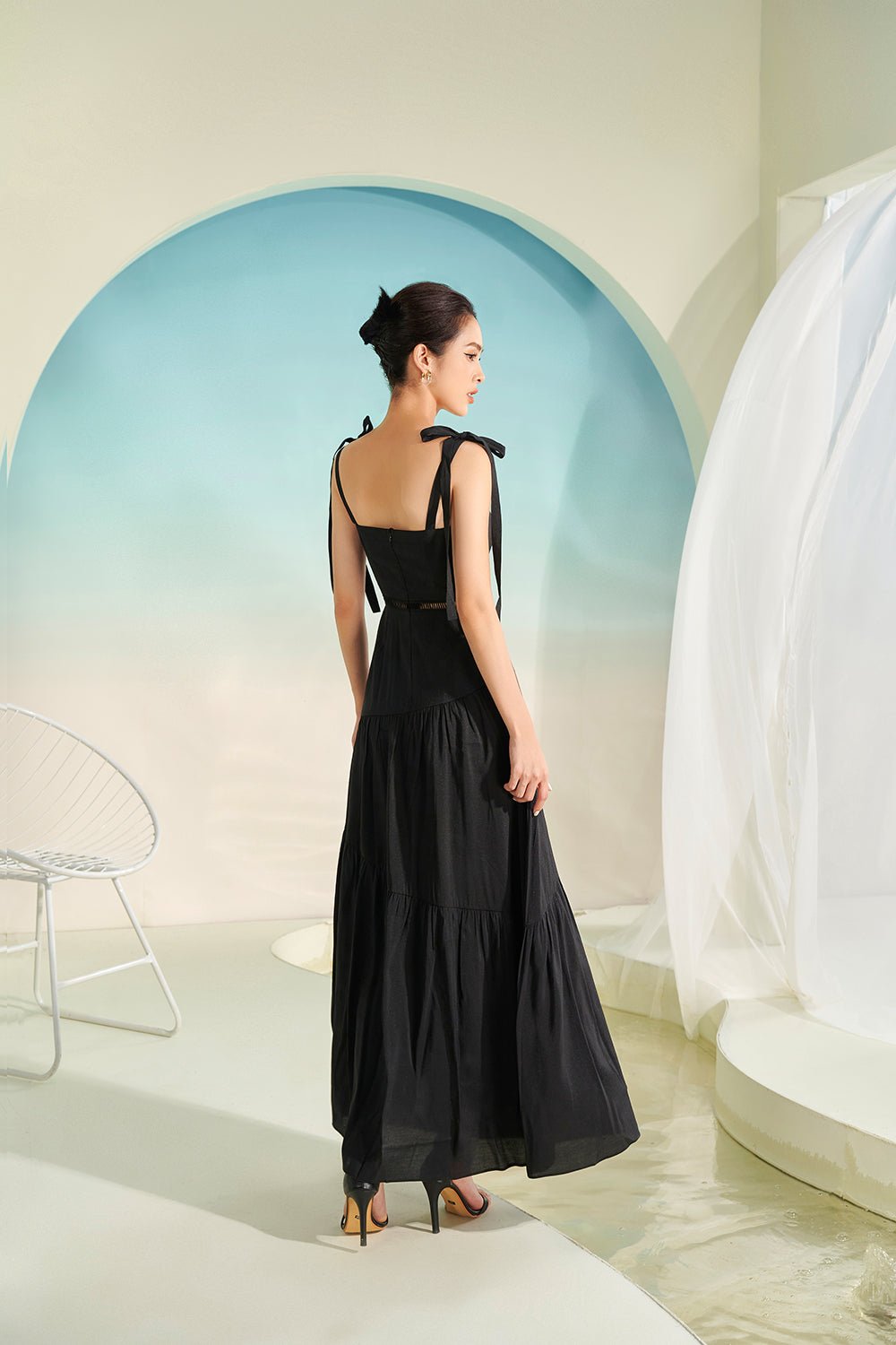 Kirsten Padded Ribbon Maxi Sun Dress in Classic Black