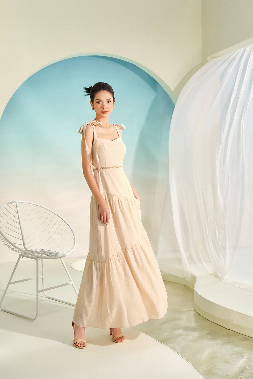 Kirsten Padded Ribbon Maxi Sun Dress in Classic Black