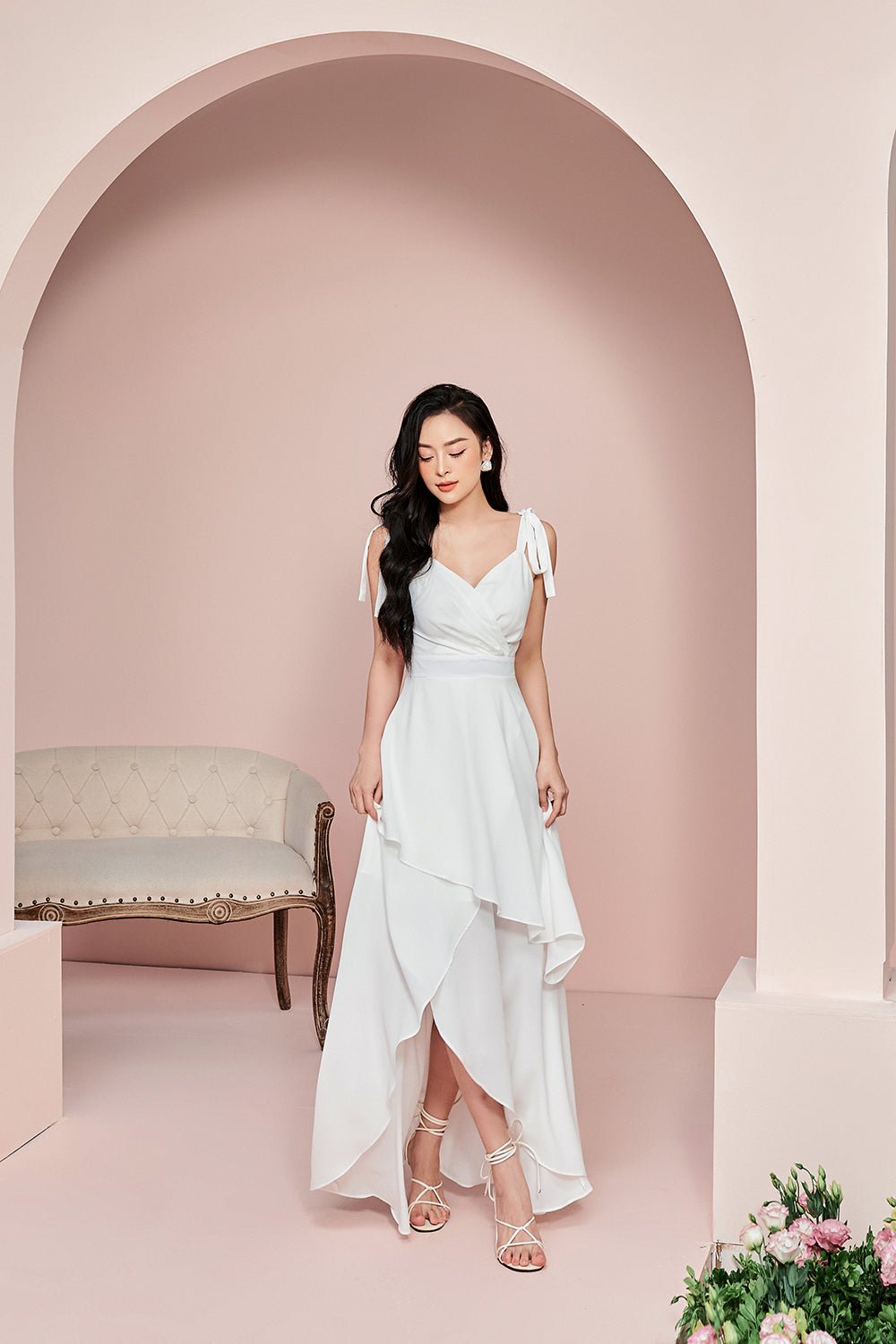 Leia Ribbon Tie Layered Maxi Dress in Iconic White