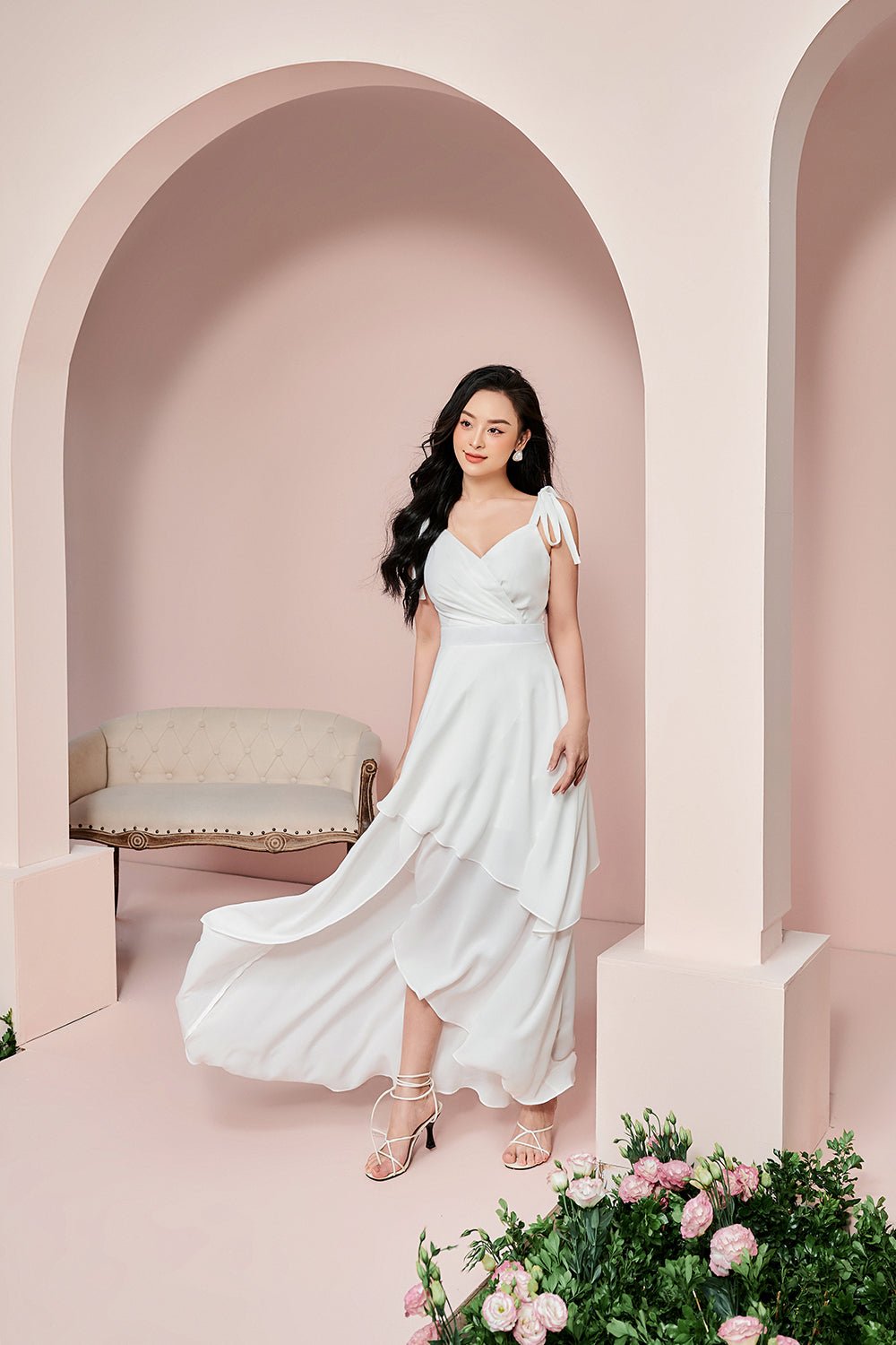 Leia Ribbon Tie Layered Maxi Dress in Iconic White