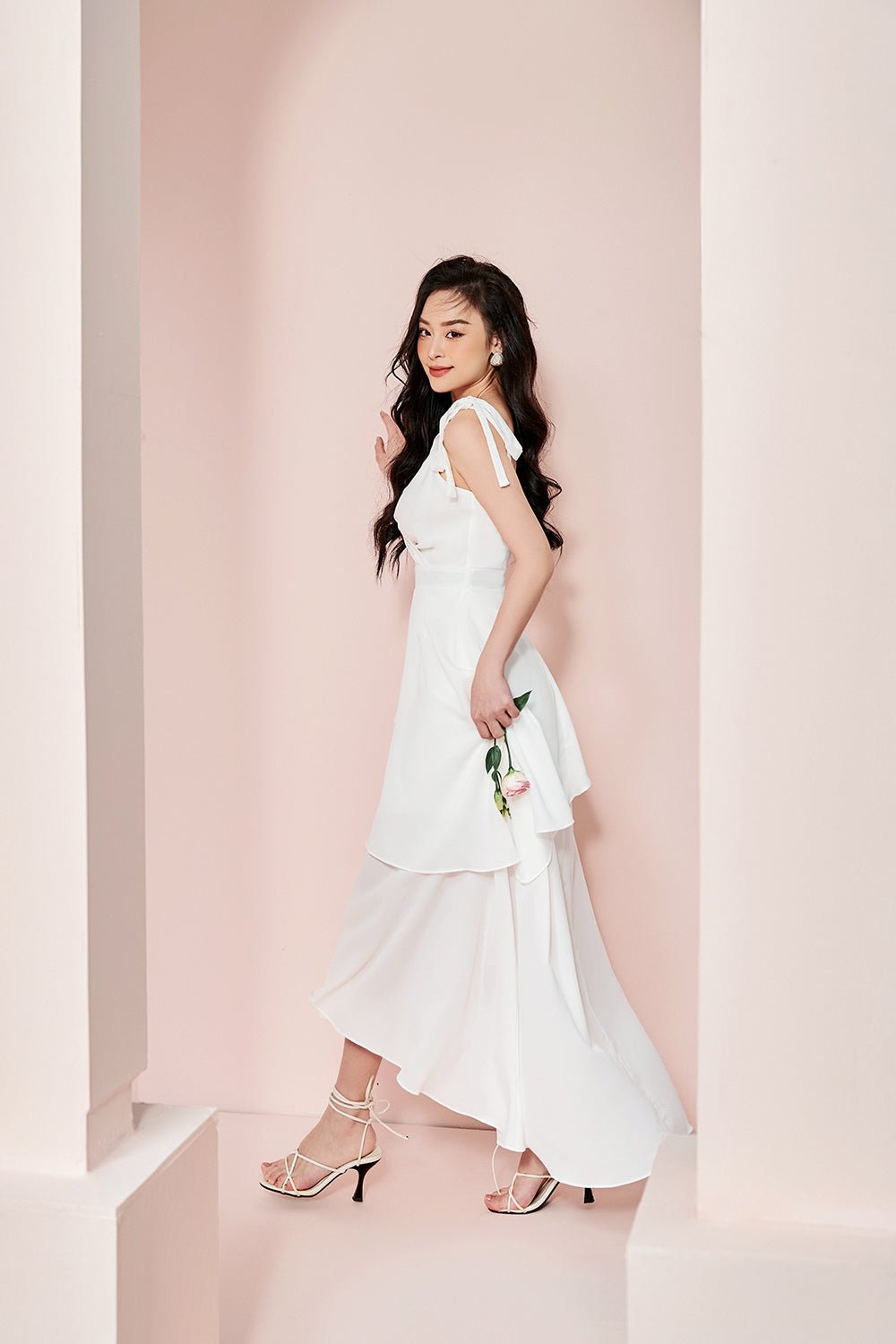 Leia Ribbon Tie Layered Maxi Dress in Iconic White