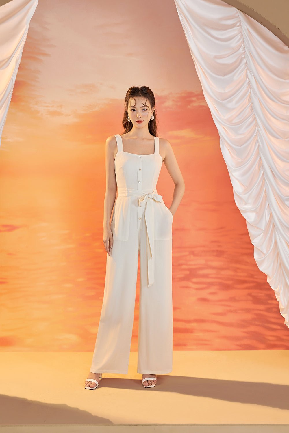 Lena Seashell Buttoned Jumpsuit in Pale Cream