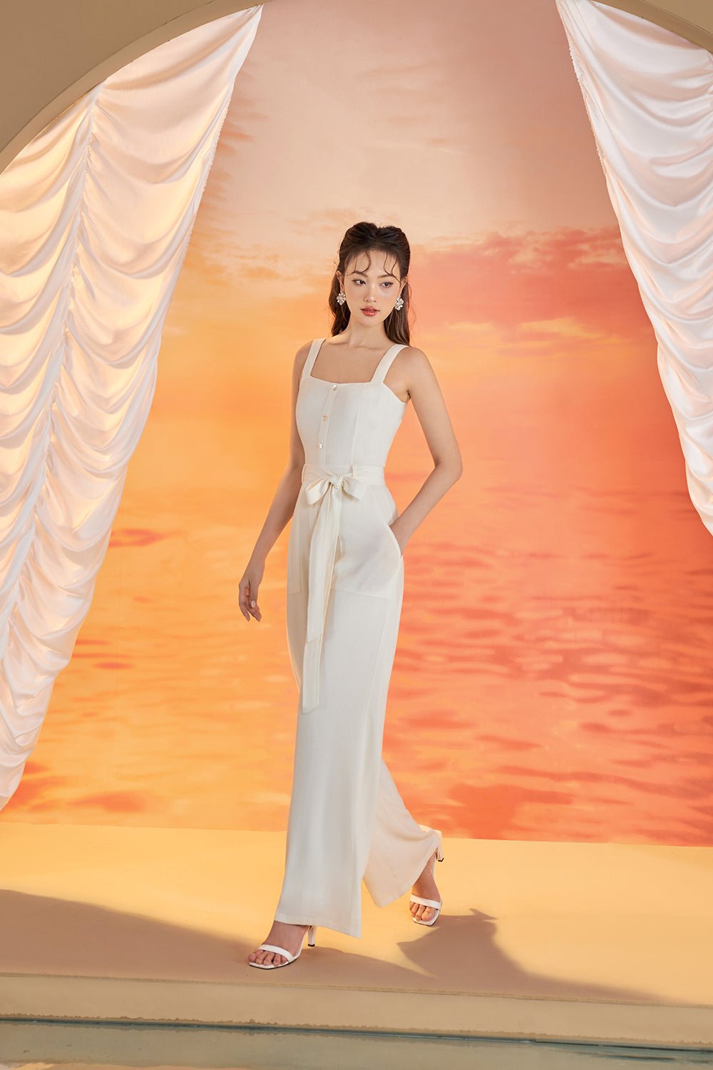 Lena Seashell Buttoned Jumpsuit in Pale Cream