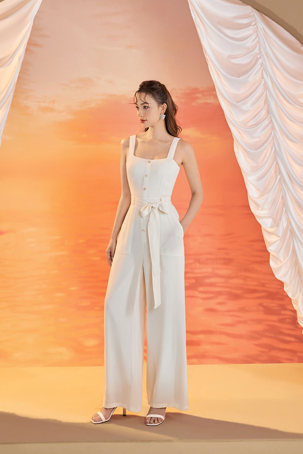 Lena Seashell Buttoned Jumpsuit in Pale Cream