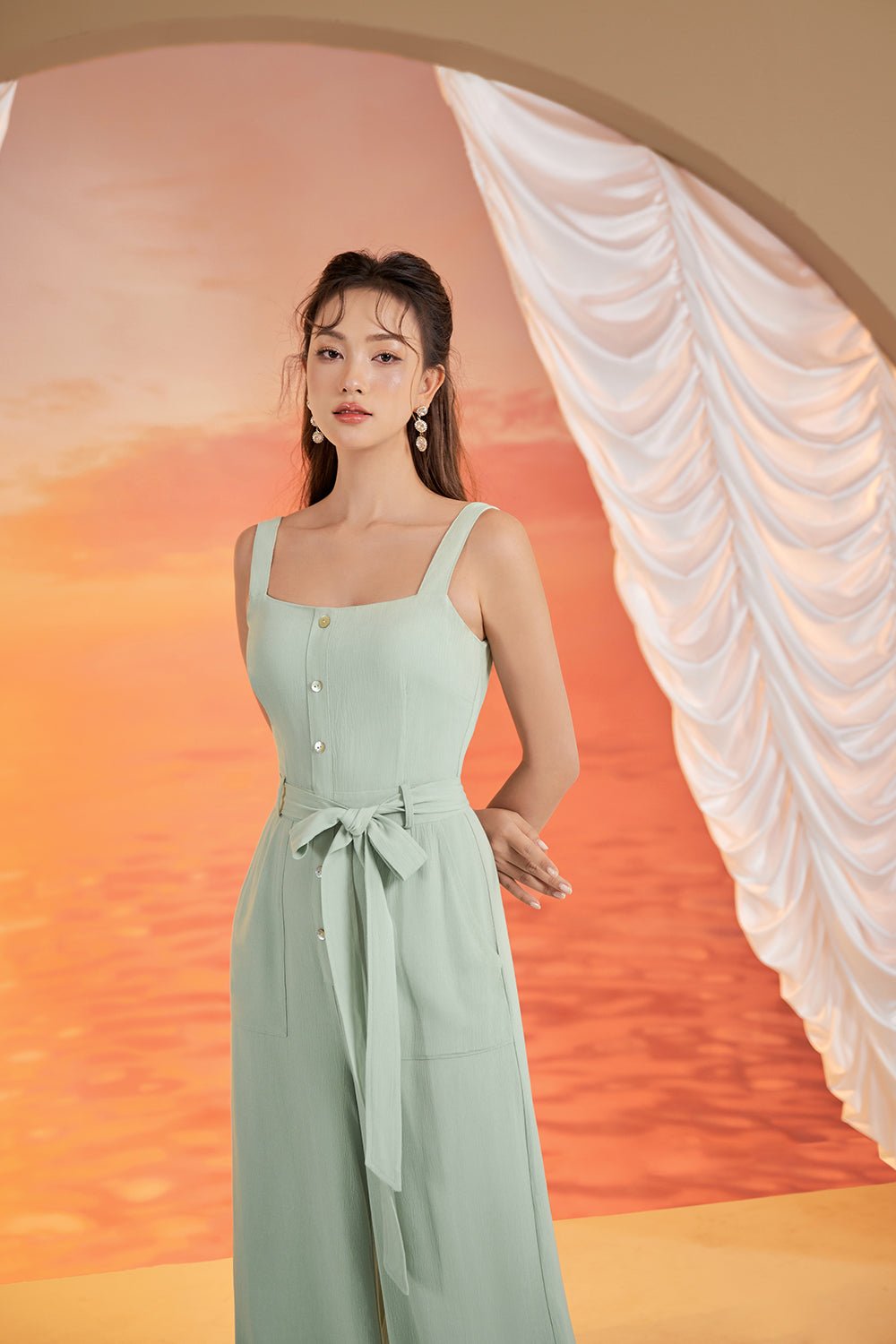 Lena Seashell Buttoned Jumpsuit in Seafoam