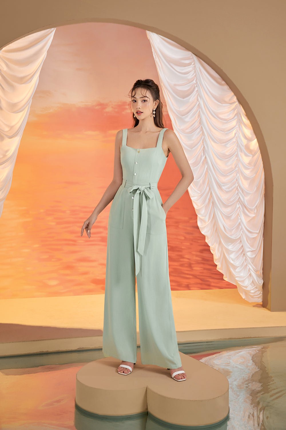Lena Seashell Buttoned Jumpsuit in Seafoam