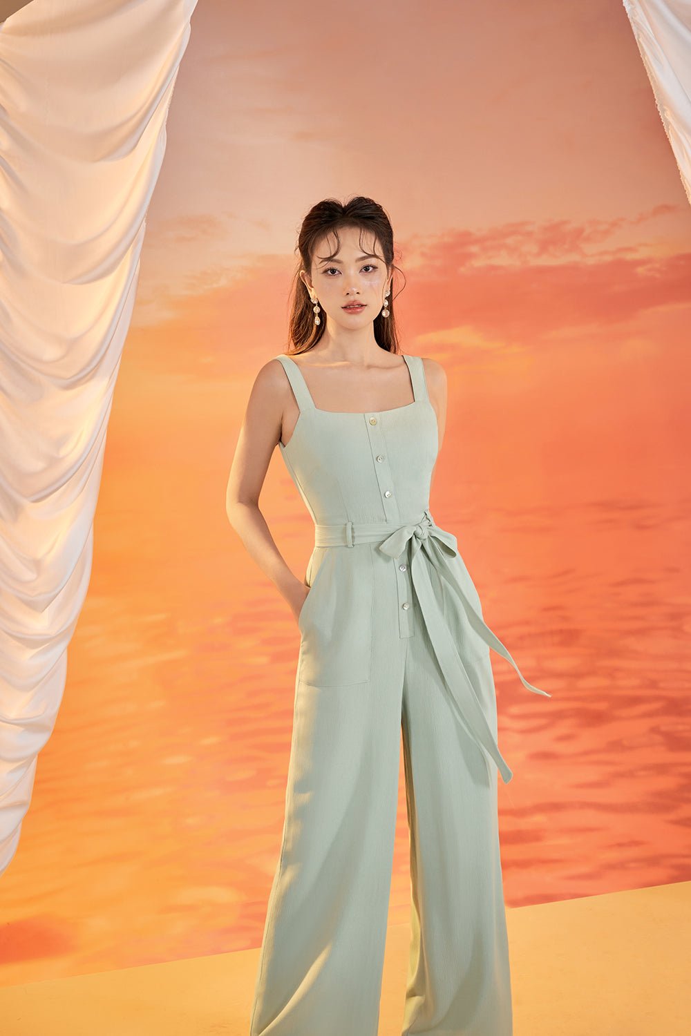 Lena Seashell Buttoned Jumpsuit in Seafoam