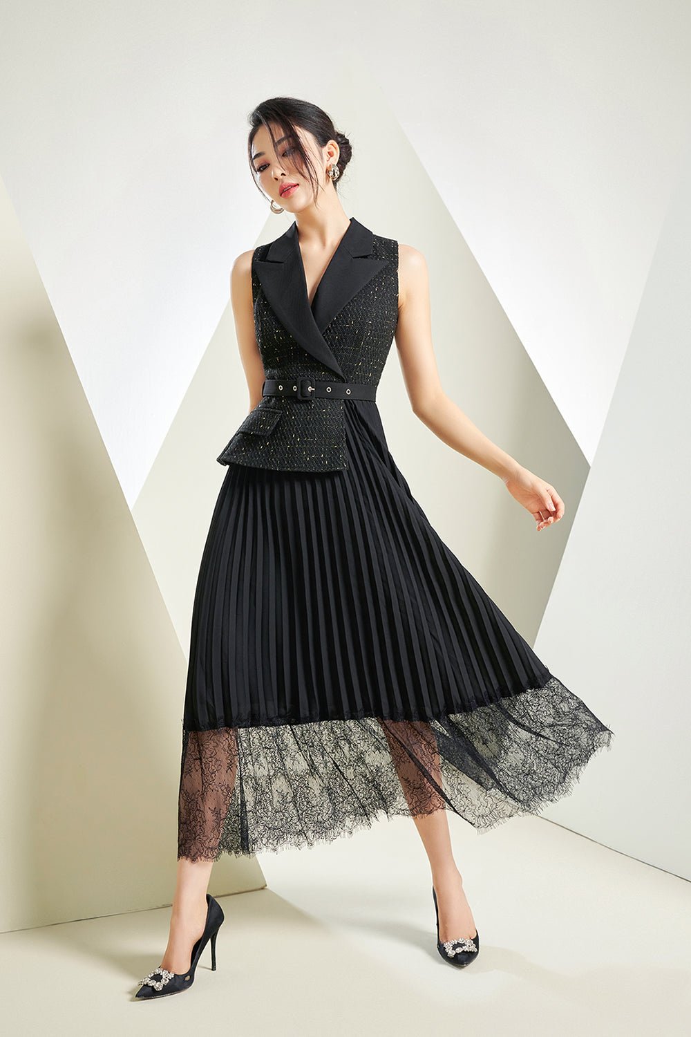 Lexi Waistcoat & Lace Pleats Dress in *Premium* Black Tweed