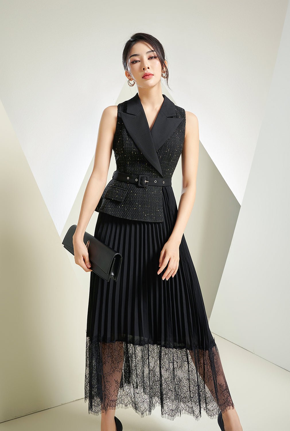 Lexi Waistcoat & Lace Pleats Dress in *Premium* Black Tweed