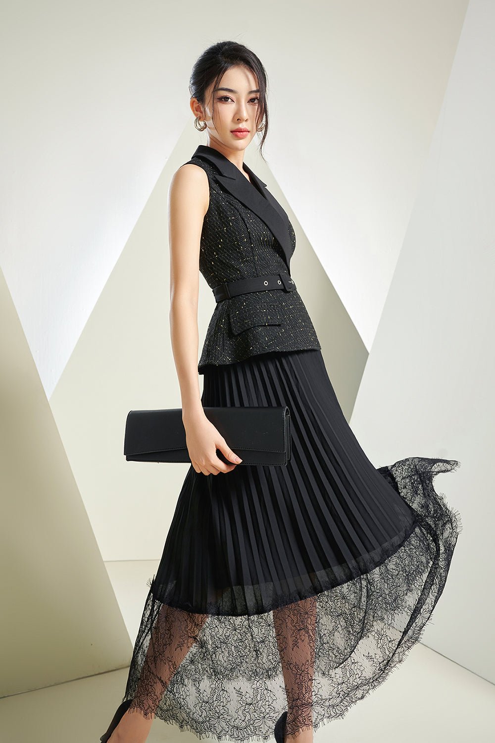 Lexi Waistcoat & Lace Pleats Dress in *Premium* Black Tweed