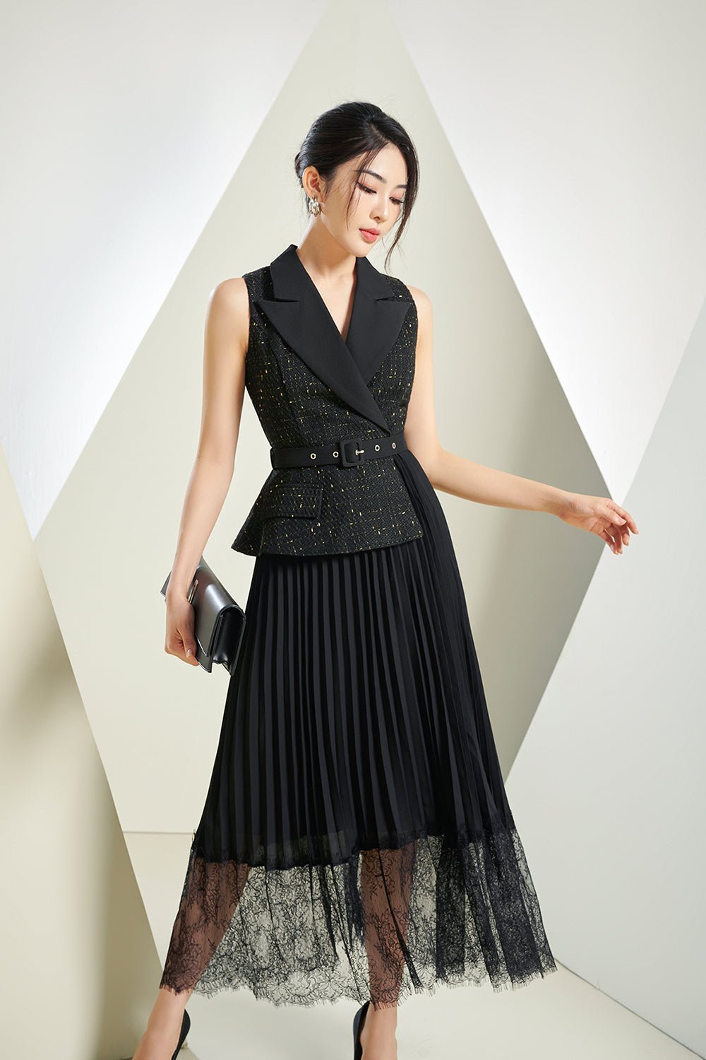 Lexi Waistcoat & Lace Pleats Dress in *Premium* Black Tweed