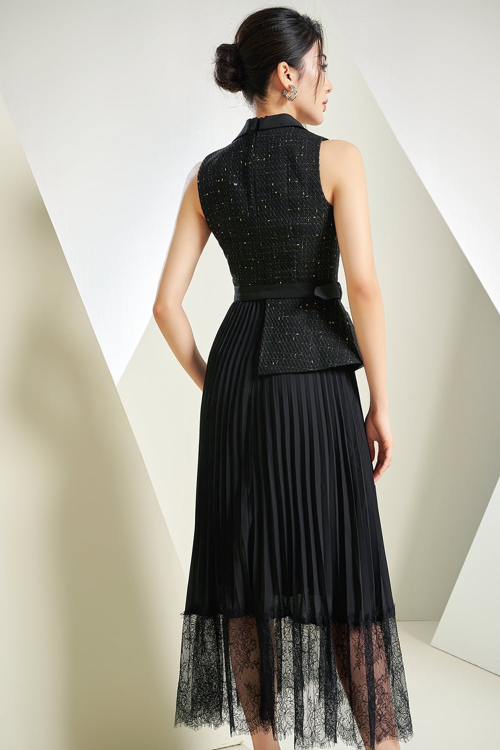 Lexi Waistcoat & Lace Pleats Dress in *Premium* Black Tweed