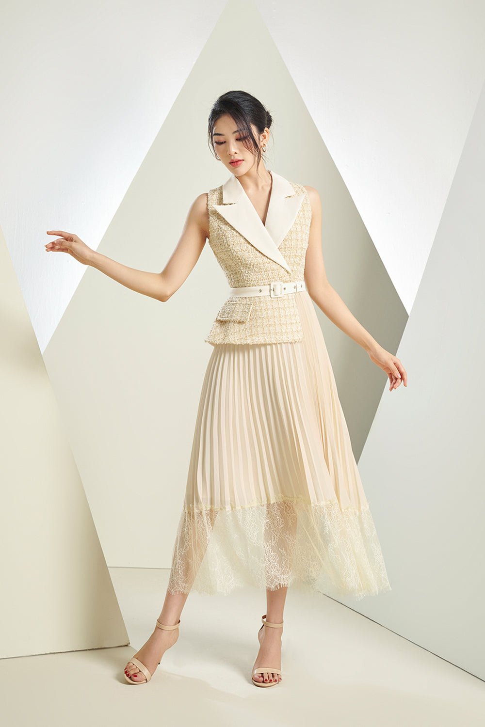 Lexi Waistcoat & Lace Pleats Dress in *Premium* Cream Tweed