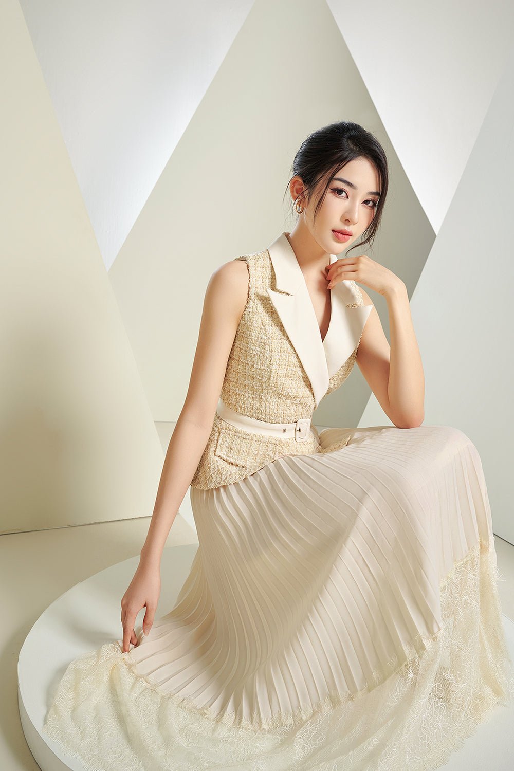 Lexi Waistcoat & Lace Pleats Dress in *Premium* Cream Tweed